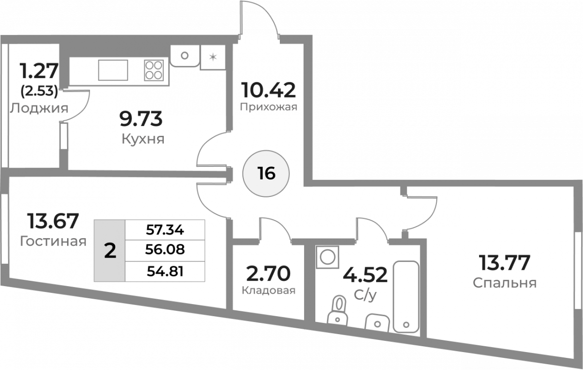 Квартира №16, 2-комнатная, 56.08 м², 4 этаж - планировка, ЖК «Легенды Девау», дом 1