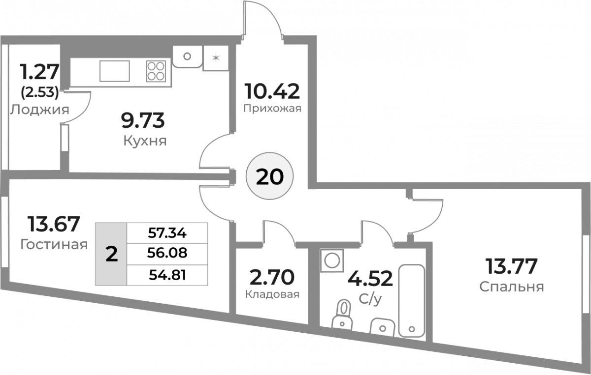 Квартира №20, 2-комнатная, 56.08 м², 5 этаж - планировка, ЖК «Легенды Девау», дом 1