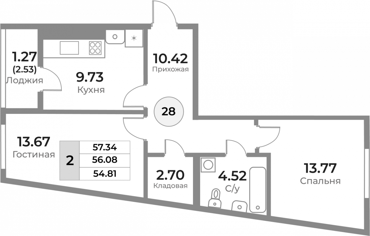 Квартира №28, 2-комнатная, 56.08 м², 7 этаж - планировка, ЖК «Легенды Девау», дом 1