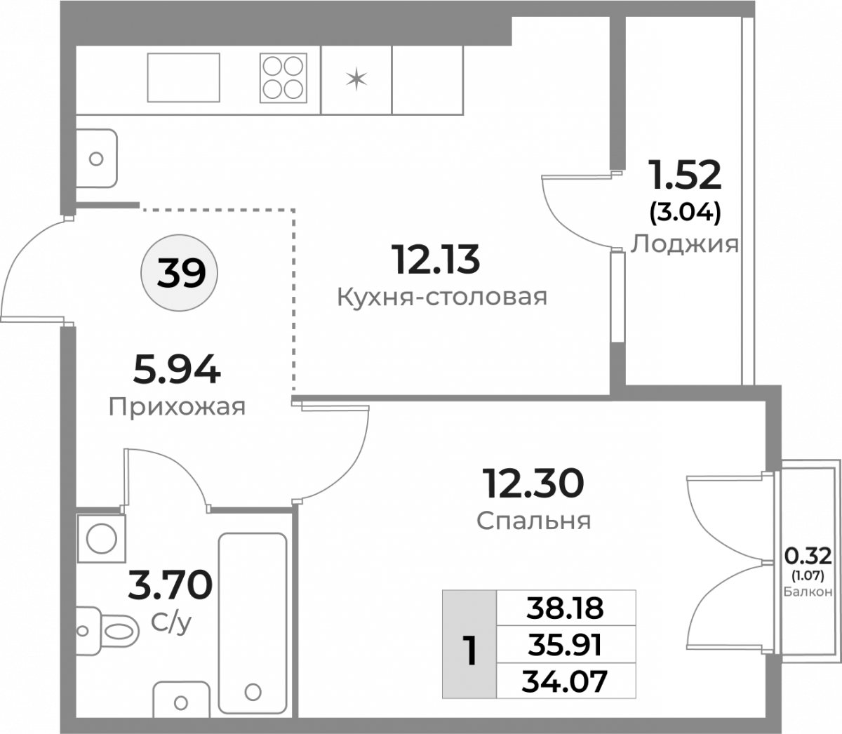 Квартира №39, 1-комнатная, 35.91 м², 10 этаж - планировка, ЖК «Легенды Девау», дом 1