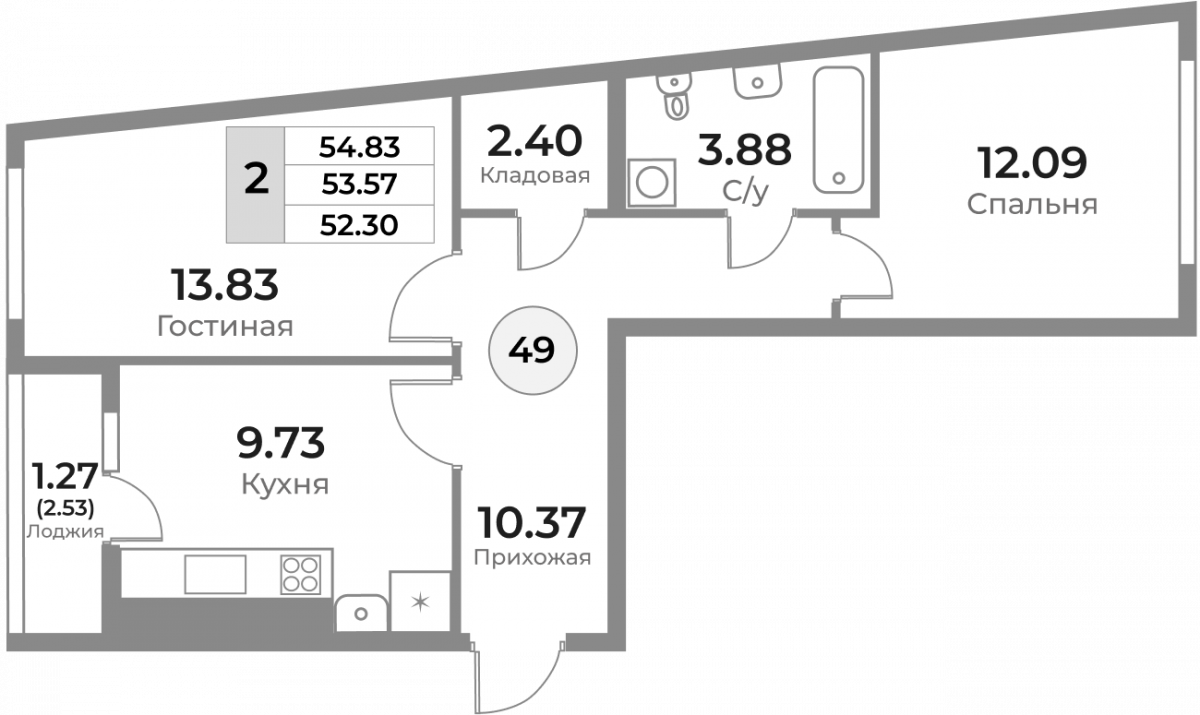 Квартира №49, 2-комнатная, 53.57 м², 3 этаж - планировка, ЖК «Легенды Девау», дом 1
