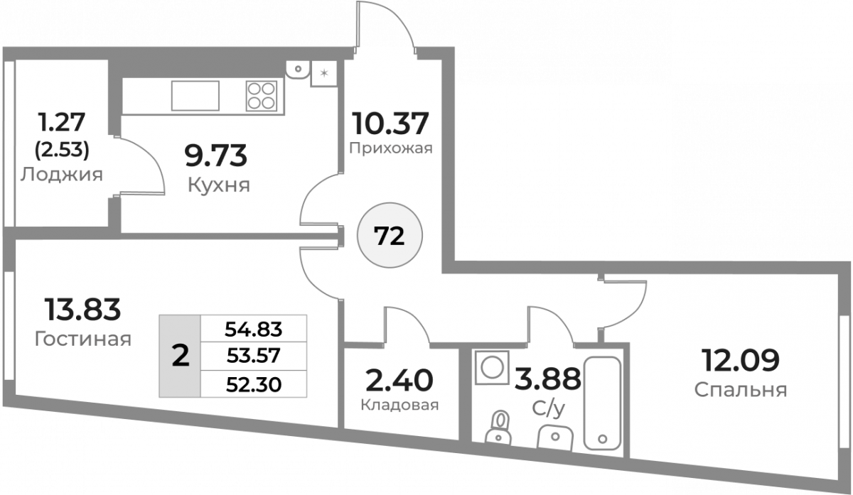 Квартира №72, 2-комнатная, 53.57 м², 8 этаж - планировка, ЖК «Легенды Девау», дом 1