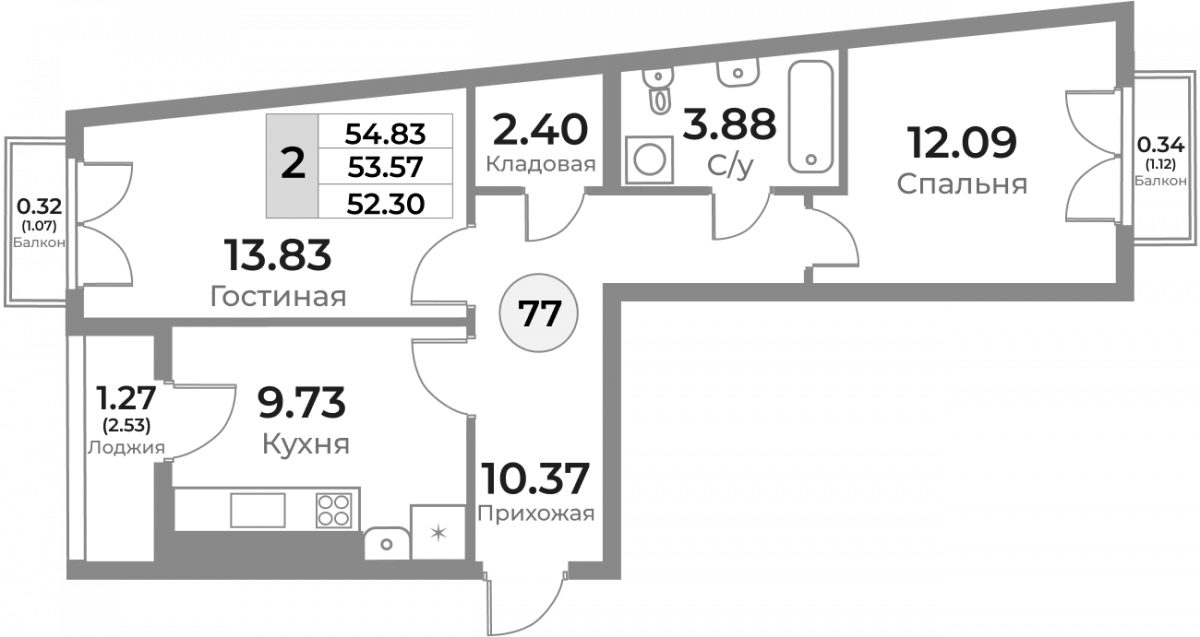 2-х комнатная квартира 54.23 м, Жилой комплекс «Легенды Девау»  / 10 этаж, г. Калининград - фото 1