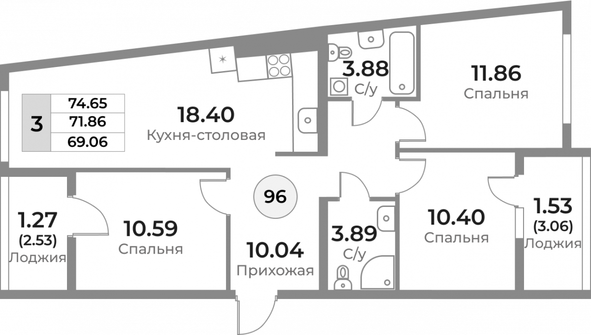 3-х комнатная квартира 71.86 м, Жилой комплекс «Легенды Девау»  / 6 этаж, г. Калининград - фото 1