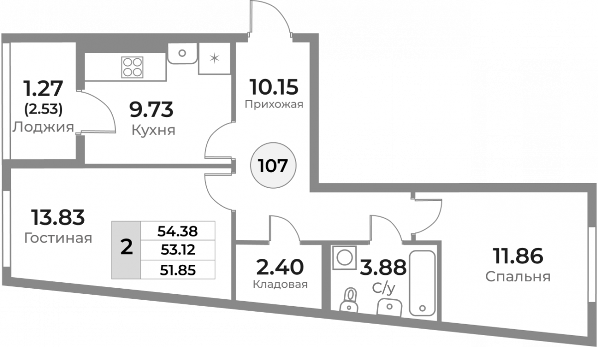 Квартира №107, 2-комнатная, 53.12 м², 9 этаж - планировка, ЖК «Легенды Девау», дом 1