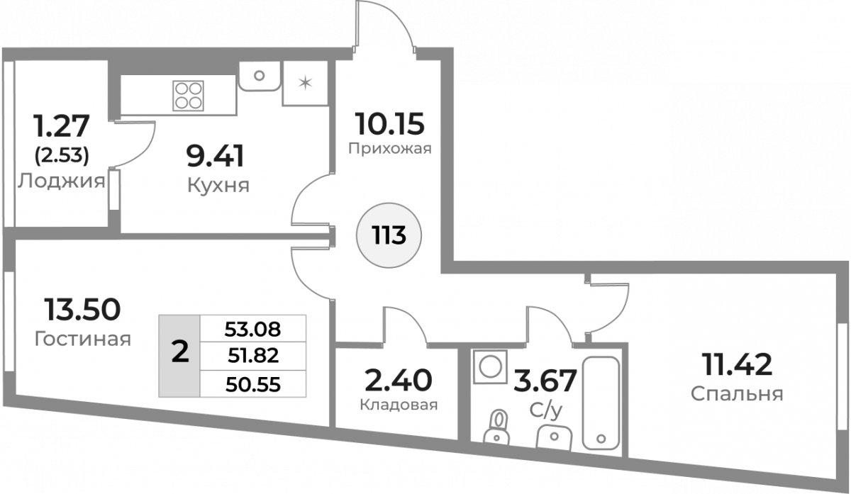 Квартира №113, 2-комнатная, 51.82 м², 1 этаж - планировка, ЖК «Легенды Девау», дом 1