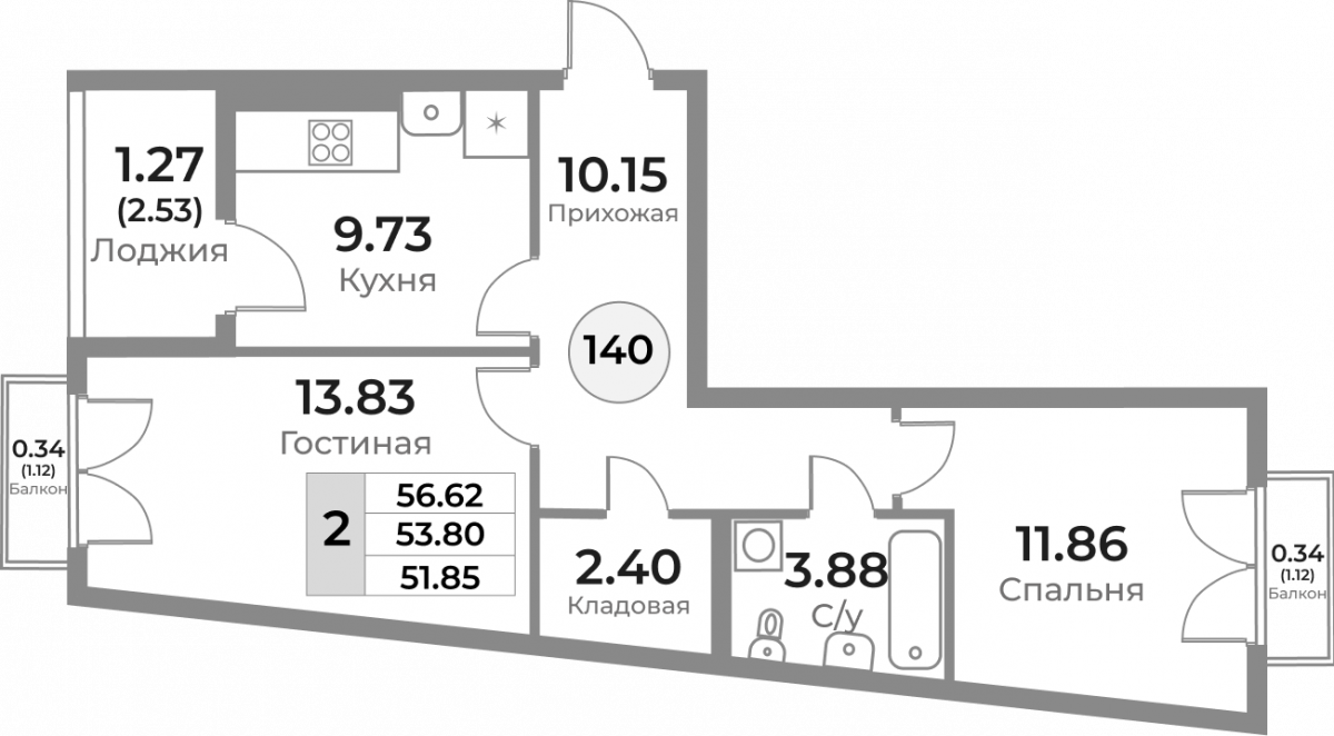 Квартира №140, 2-комнатная, 53.8 м², 10 этаж - планировка, ЖК «Легенды Девау», дом 1