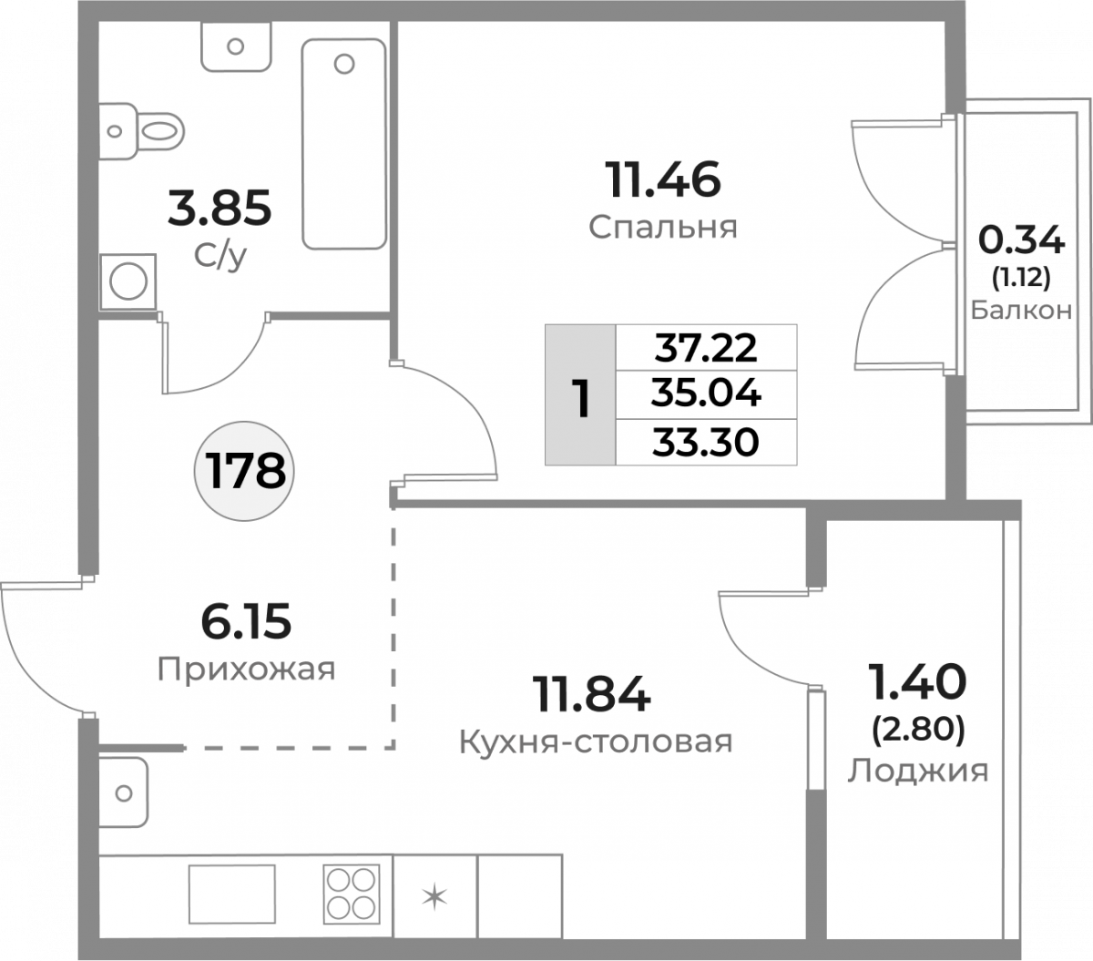 Квартира №178, 1-комнатная, 35.04 м², 10 этаж - планировка, ЖК «Легенды Девау», дом 1
