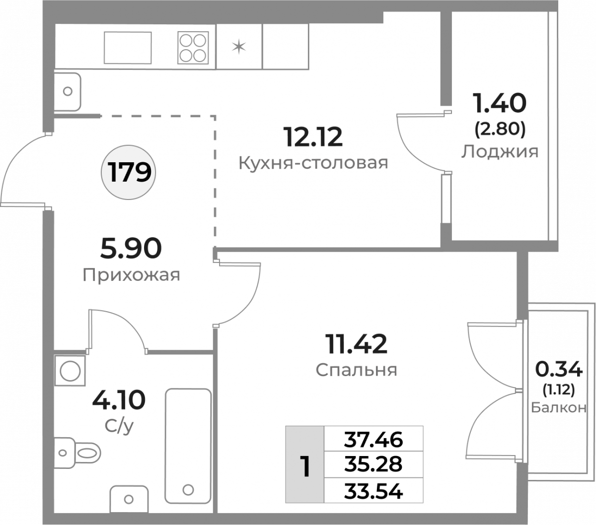 Квартира №179, 1-комнатная, 35.28 м², 10 этаж - планировка, ЖК «Легенды Девау», дом 1