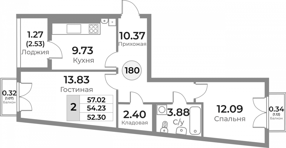 Квартира №180, 2-комнатная, 54.23 м², 10 этаж - планировка, ЖК «Легенды Девау», дом 1