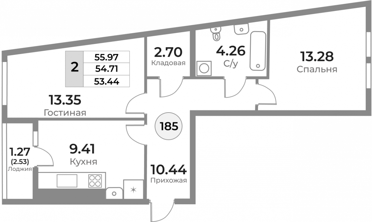 Квартира №185, 2-комнатная, 54.71 м², 2 этаж - планировка, ЖК «Легенды Девау», дом 1