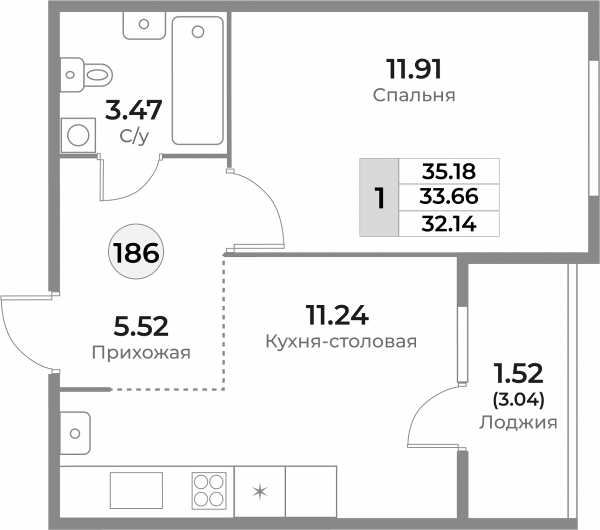 Квартира №186, 1-комнатная, 33.66 м², 2 этаж - планировка, ЖК «Легенды Девау», дом 1