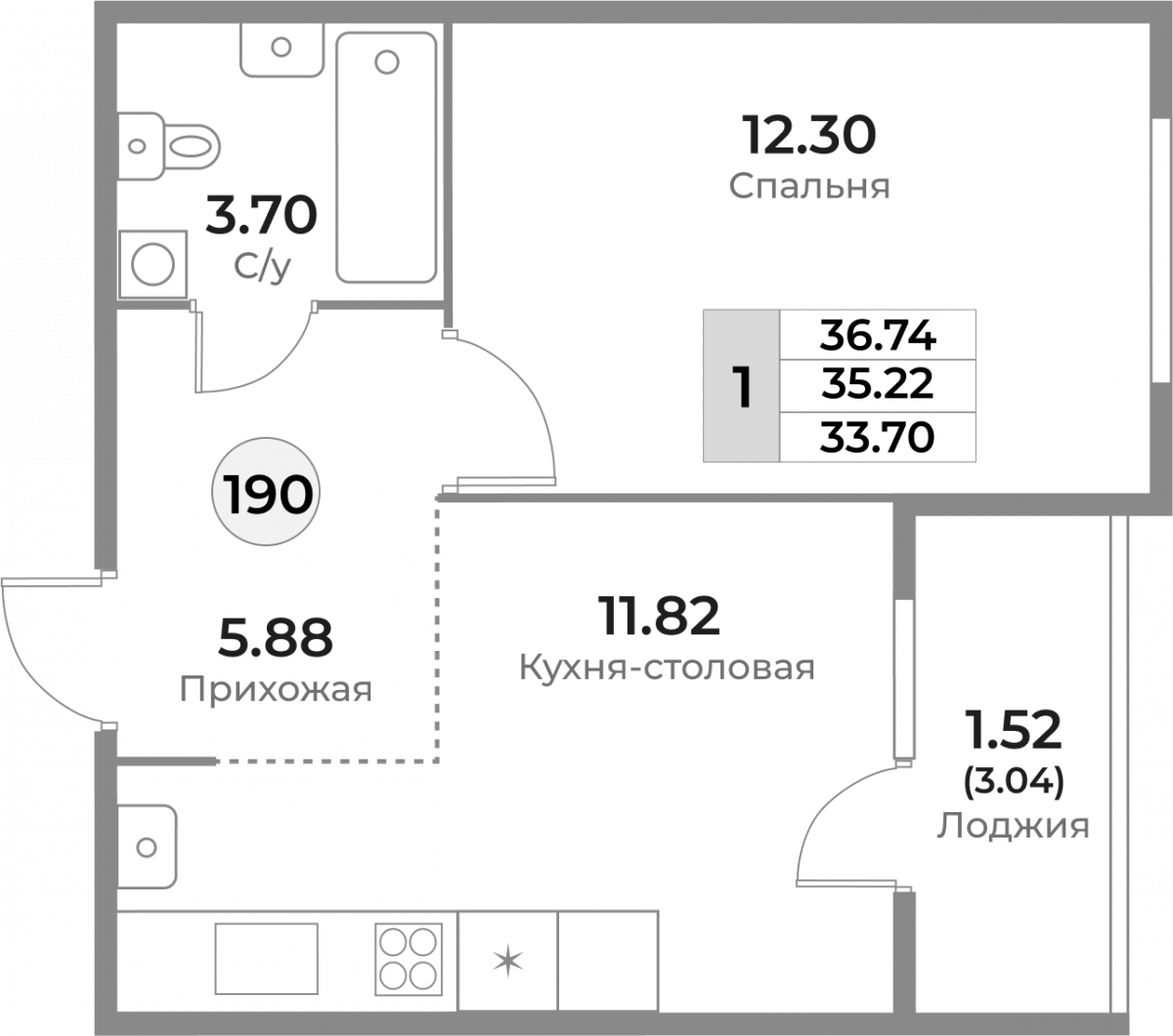 Квартира №190, 1-комнатная, 35.22 м², 3 этаж - планировка, ЖК «Легенды Девау», дом 1