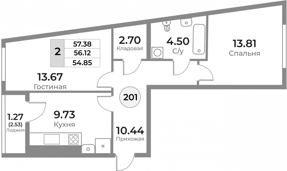 Квартира №201, 2-комнатная, 56.12 м², 6 этаж - планировка, ЖК «Легенды Девау», дом 1