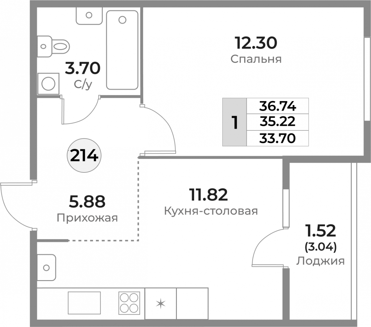 Квартира №214, 1-комнатная, 35.22 м², 9 этаж - планировка, ЖК «Легенды Девау», дом 1