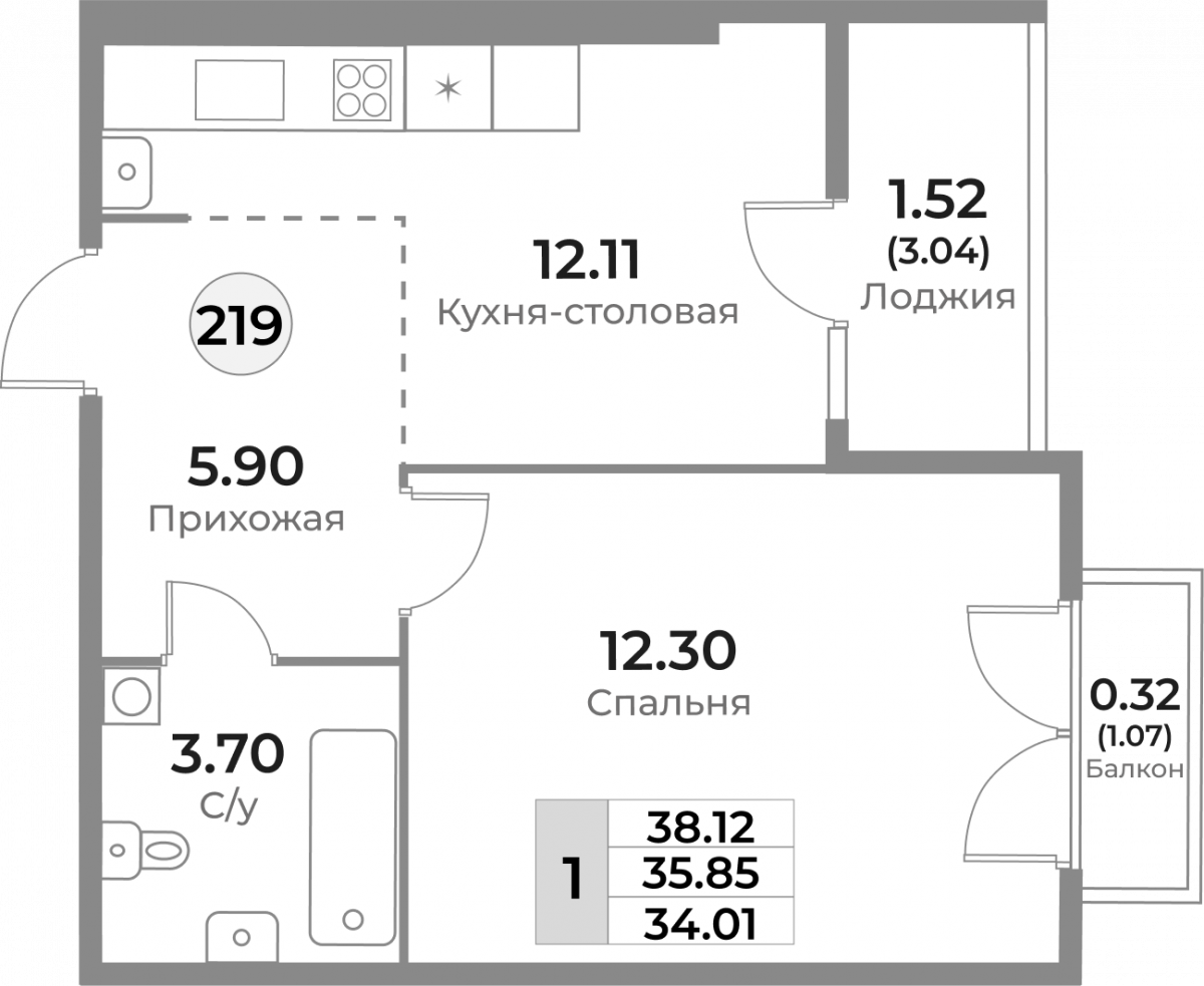 Квартира №219, 1-комнатная, 35.85 м², 10 этаж - планировка, ЖК «Легенды Девау», дом 1