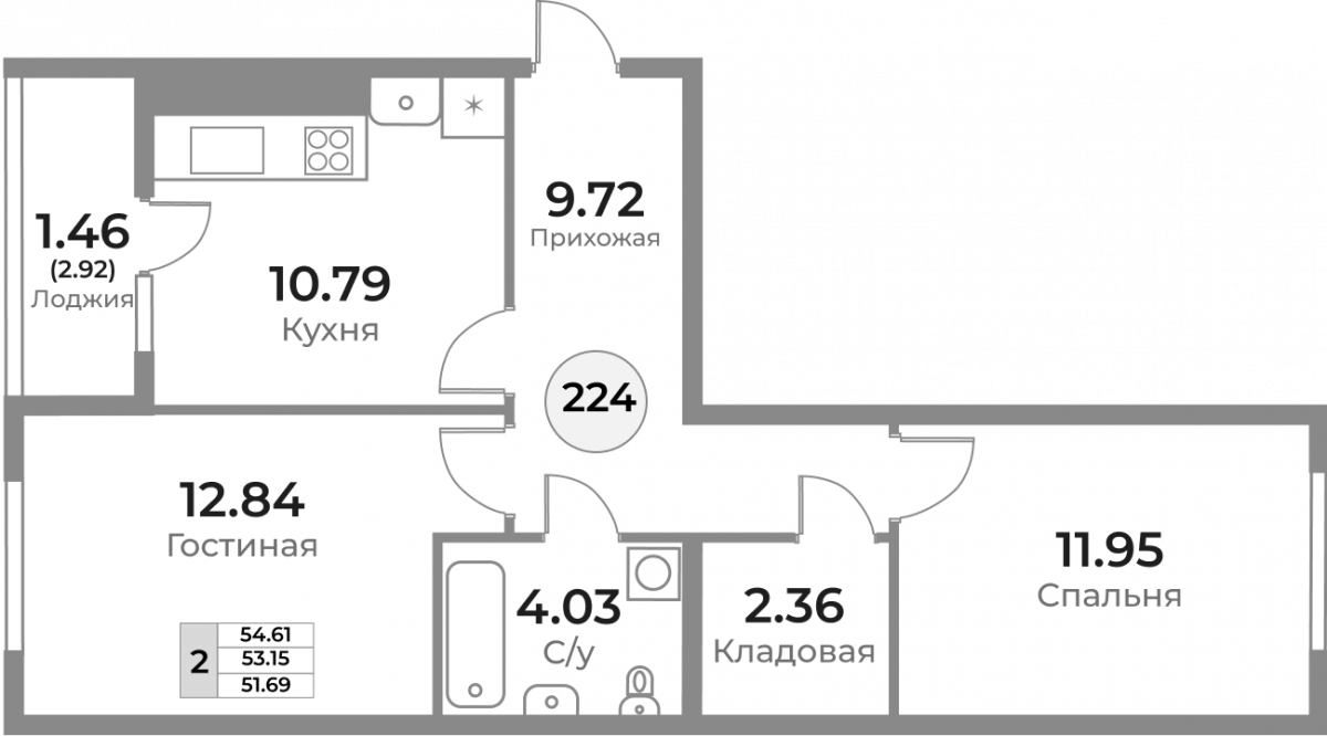 Квартира №224, 2-комнатная, 53.15 м², 1 этаж - планировка, ЖК «Легенды Девау», дом 1