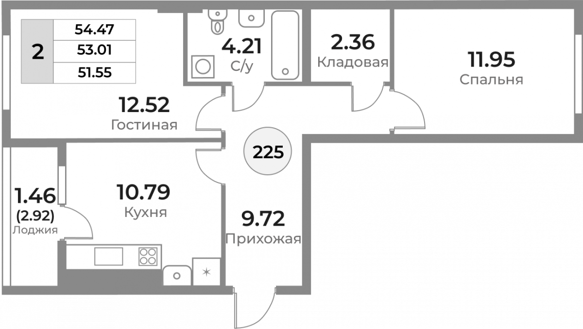 Квартира №225, 2-комнатная, 53.01 м², 2 этаж - планировка, ЖК «Легенды Девау», дом 1