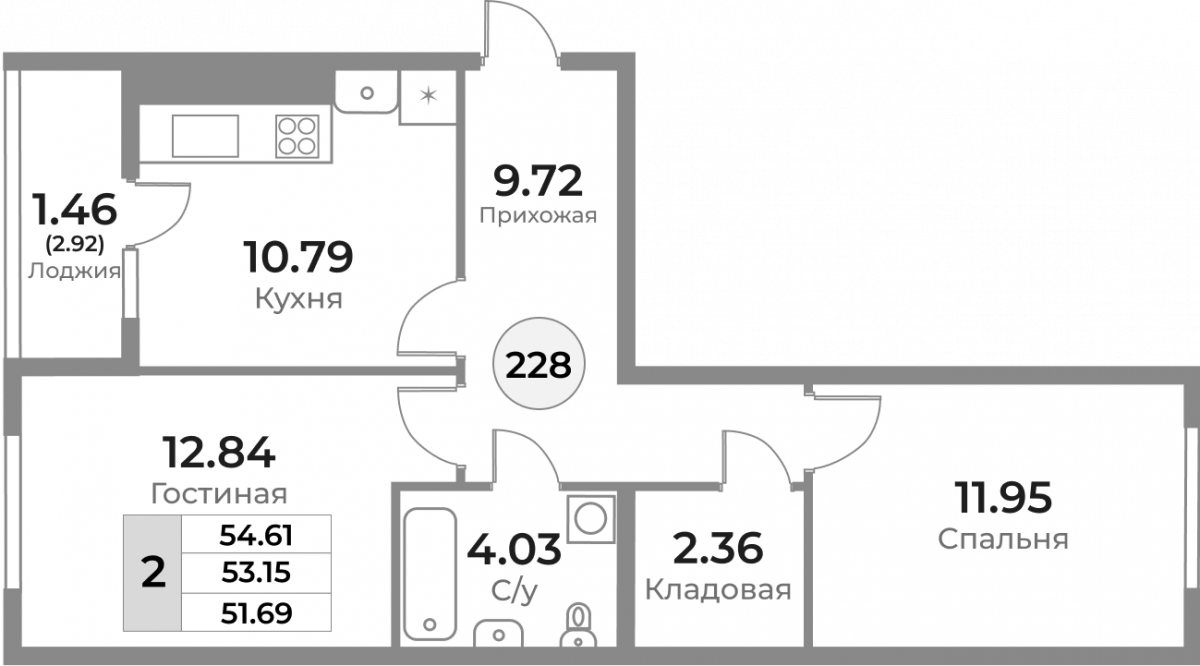 Квартира №228, 2-комнатная, 53.15 м², 2 этаж - планировка, ЖК «Легенды Девау», дом 1
