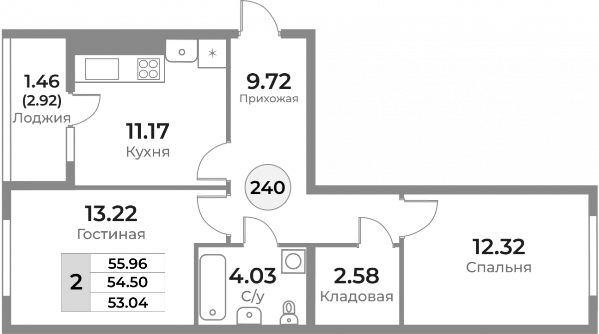 Квартира №240, 2-комнатная, 54.5 м², 5 этаж - планировка, ЖК «Легенды Девау», дом 1