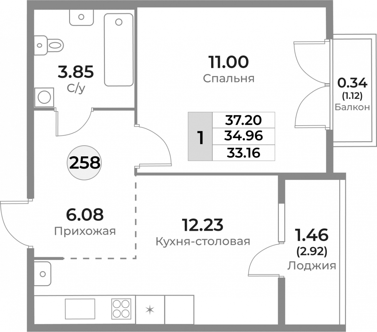 Квартира №258, 1-комнатная, 34.96 м², 10 этаж - планировка, ЖК «Легенды Девау», дом 1