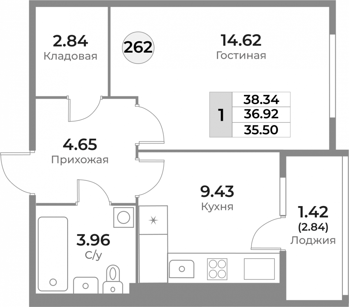 Квартира №262, 1-комнатная, 36.92 м², 1 этаж - планировка, ЖК «Легенды Девау», дом 1