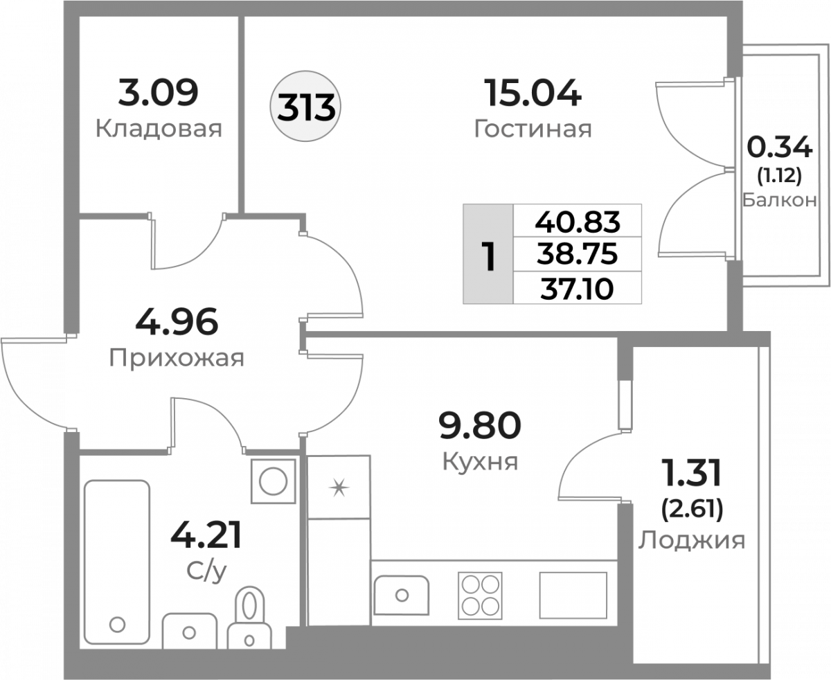 Квартира №313, 1-комнатная, 38.75 м², 10 этаж - планировка, ЖК «Легенды Девау», дом 1