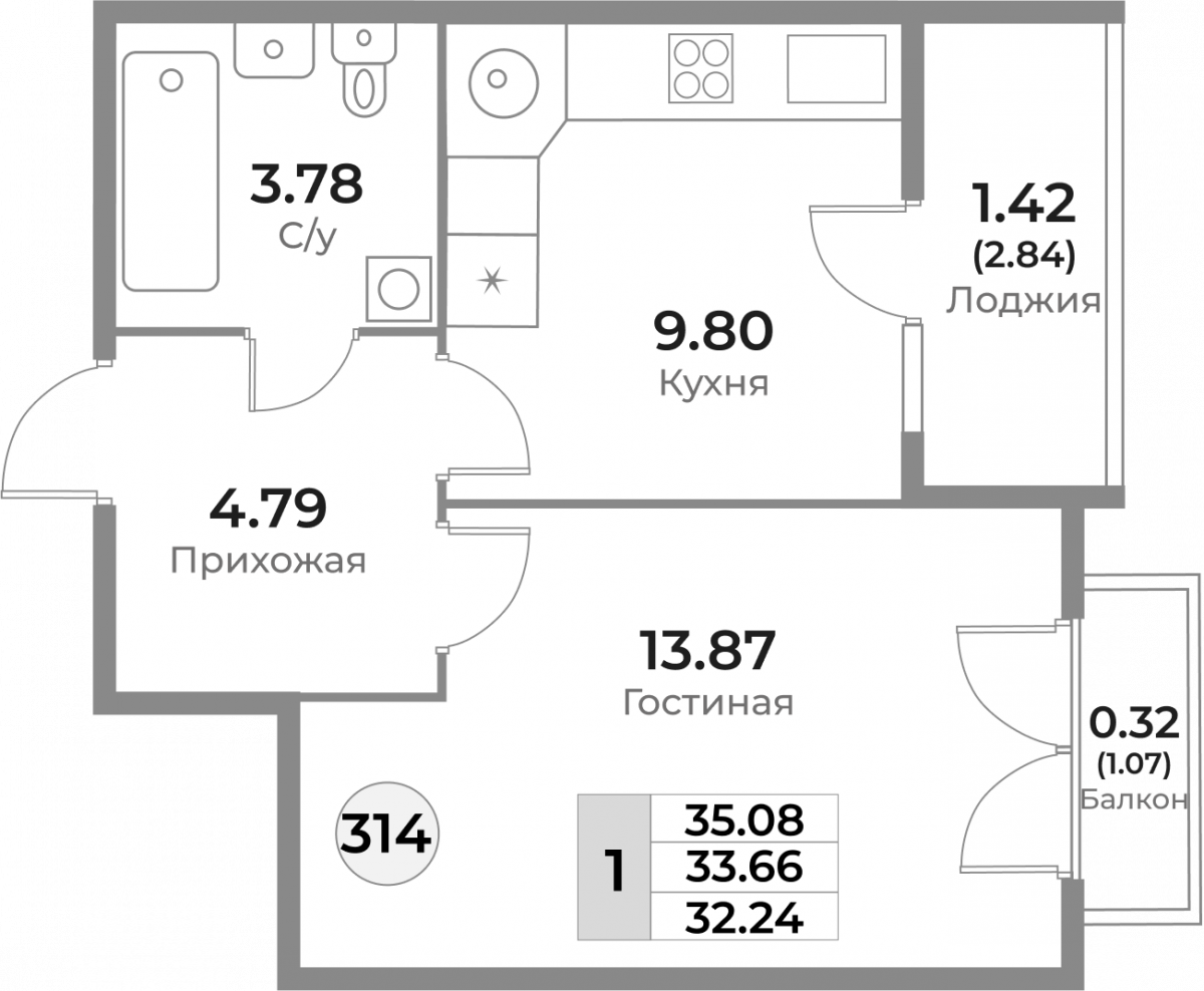 Квартира №314, 1-комнатная, 33.87 м², 10 этаж - планировка, ЖК «Легенды Девау», дом 1