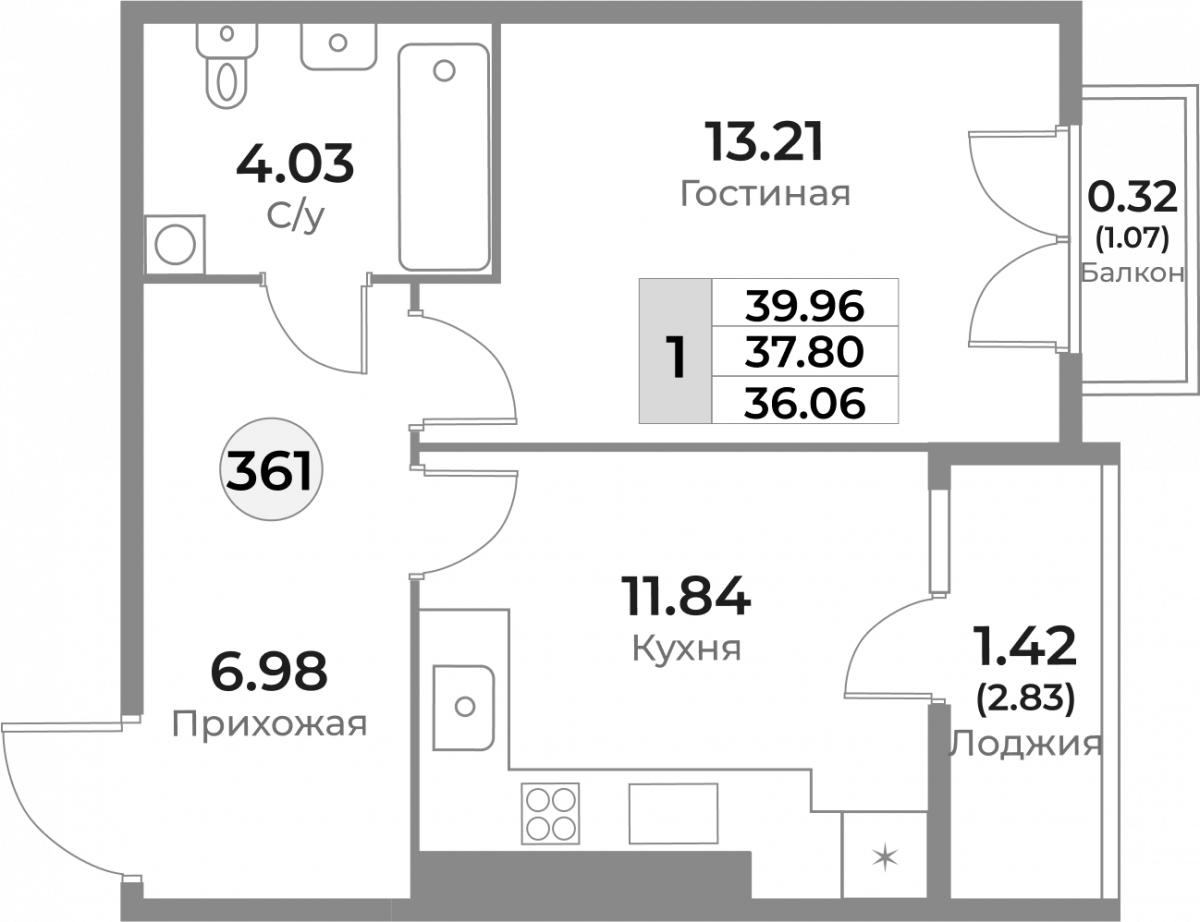 Квартира №361, 1-комнатная, 37.8 м², 10 этаж - планировка, ЖК «Легенды Девау», дом 1