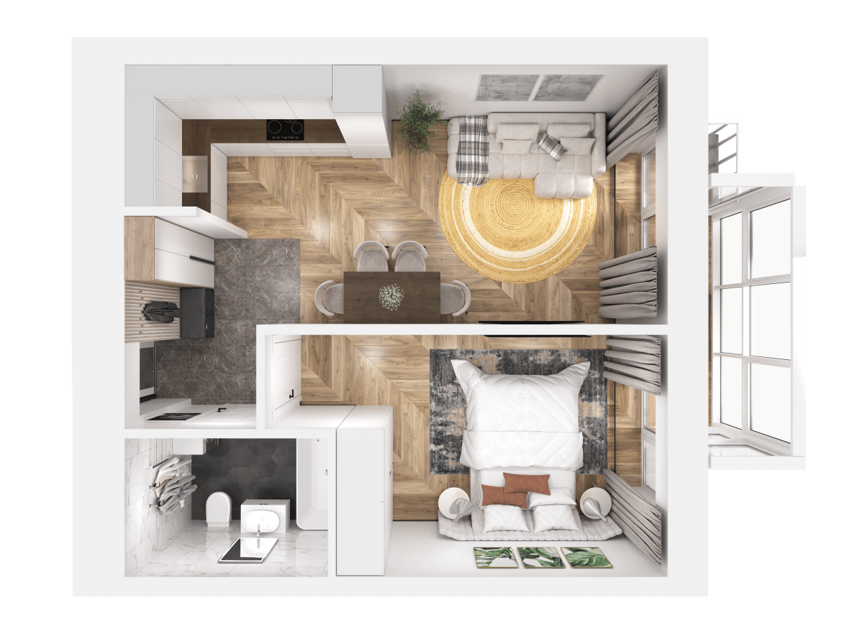 Квартира №369, 1-комнатная, 42.1 м², 2 этаж - планировка, ЖК «Легенды Девау», дом 1