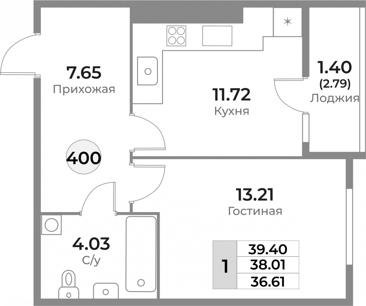 Квартира №400, 1-комнатная, 38.01 м², 8 этаж - планировка, ЖК «Легенды Девау», дом 1