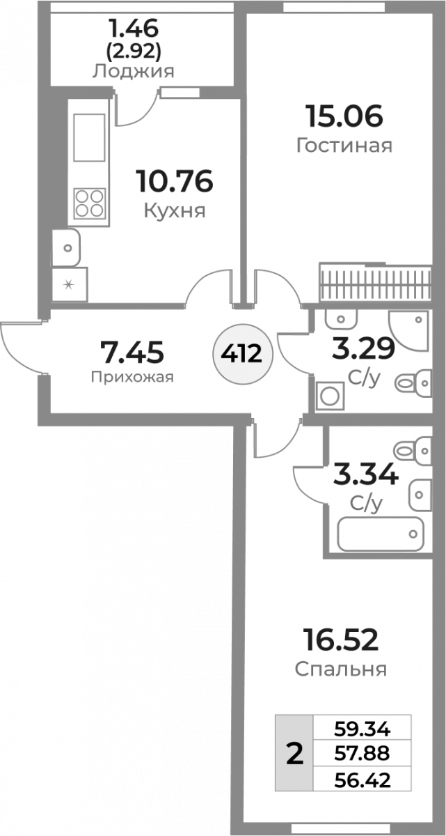 Квартира №412, 2-комнатная, 57.88 м², 1 этаж - планировка, ЖК «Легенды Девау», дом 1