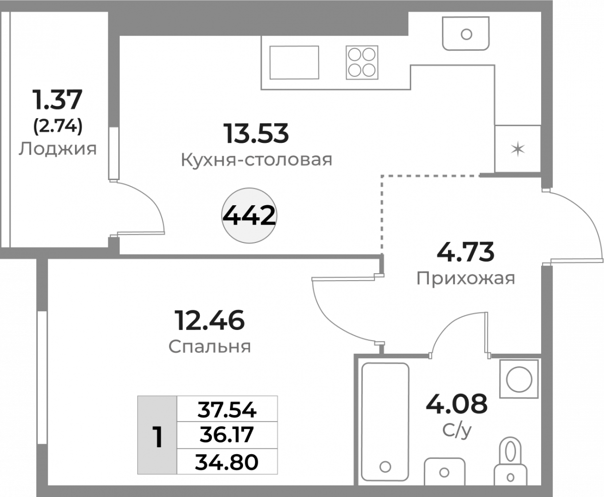 Квартира №442, 1-комнатная, 36.17 м², 6 этаж - планировка, ЖК «Легенды Девау», дом 1