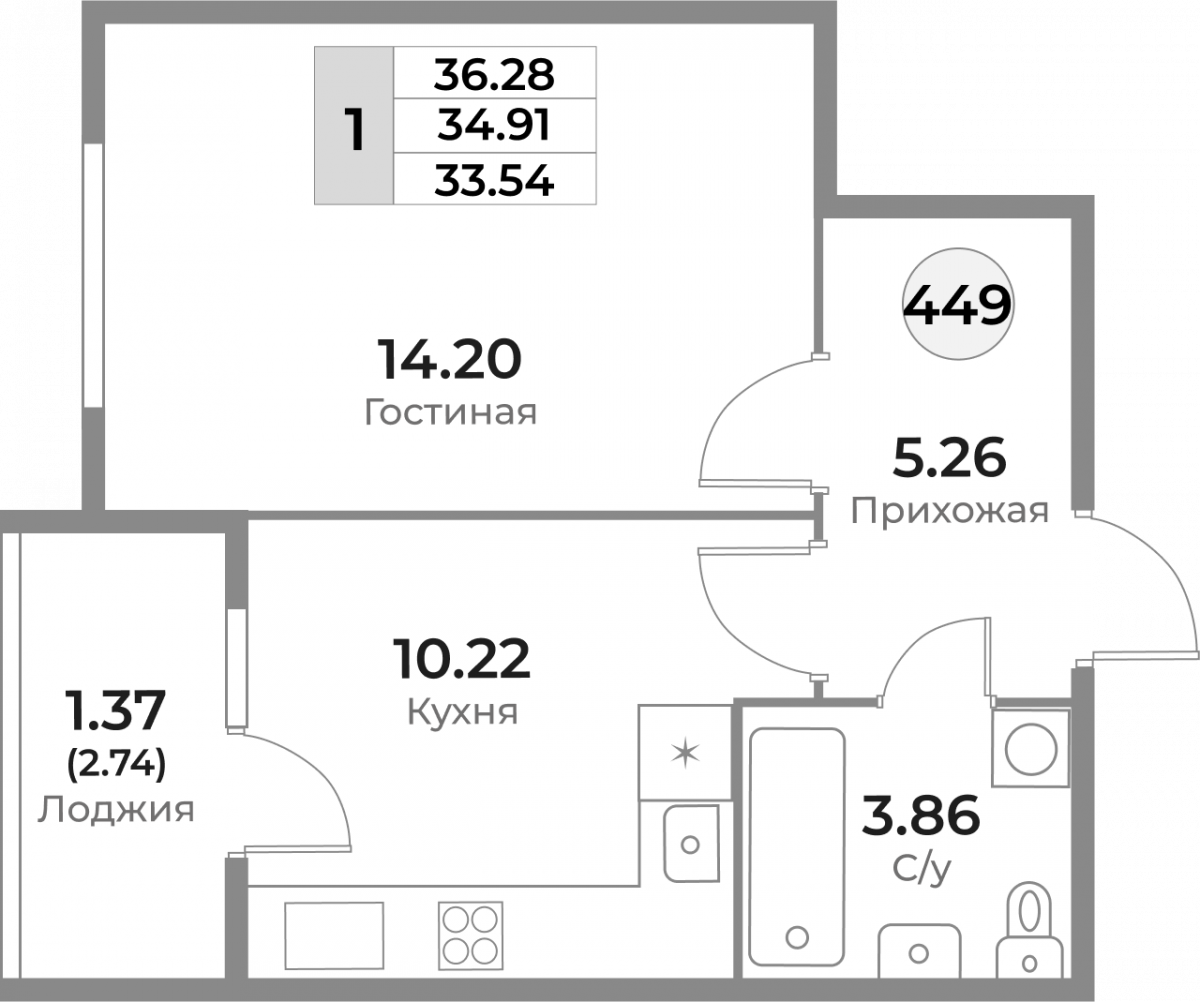 Квартира №449, 1-комнатная, 34.91 м², 7 этаж - планировка, ЖК «Легенды Девау», дом 1