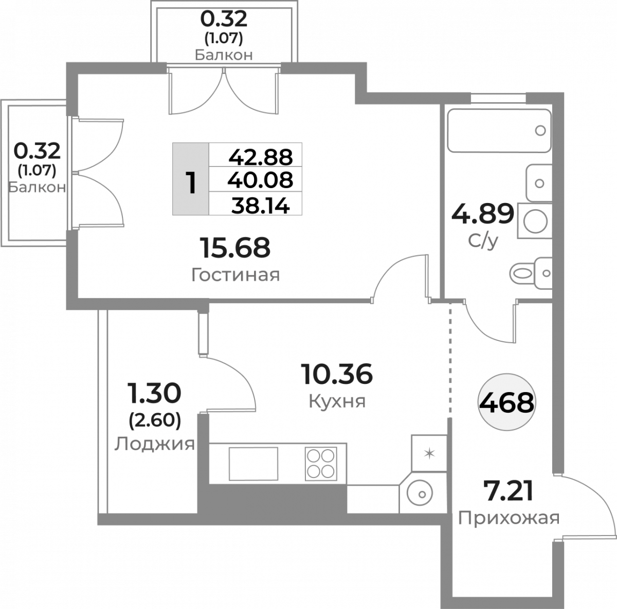 Квартира №468, 1-комнатная, 40.08 м², 10 этаж - планировка, ЖК «Легенды Девау», дом 1