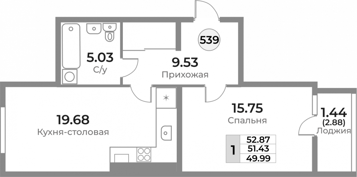 Квартира №539, 1-комнатная, 51.43 м², 8 этаж - планировка, ЖК «Легенды Девау», дом 1