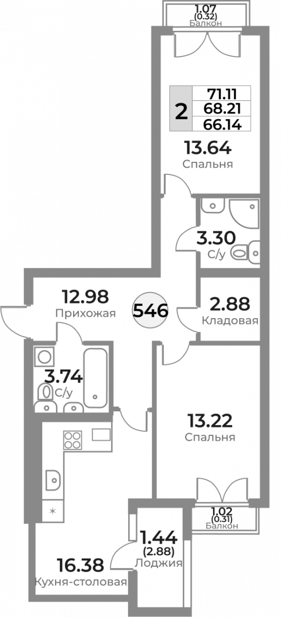 Квартира №546, 2-комнатная, 68.21 м², 10 этаж - планировка, ЖК «Легенды Девау», дом 1