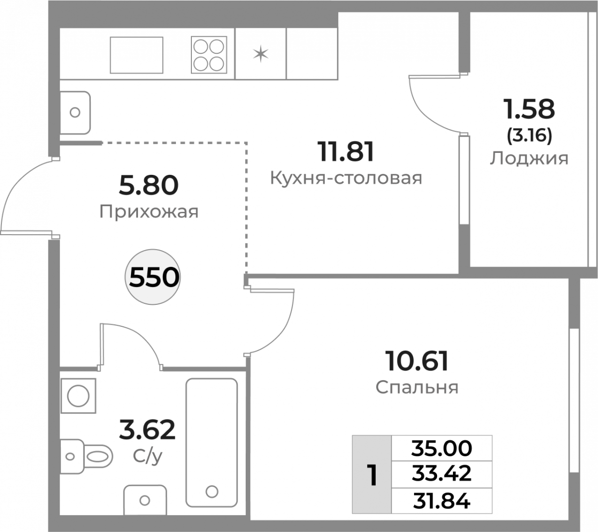 Квартира №550, 1-комнатная, 33.42 м², 1 этаж - планировка, ЖК «Легенды Девау», дом 1