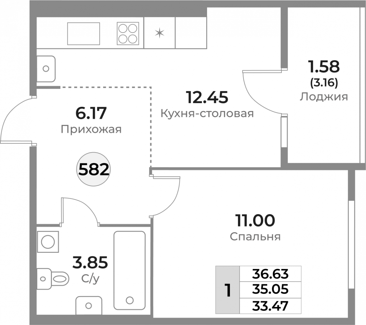 Квартира №582, 1-комнатная, 35.05 м², 9 этаж - планировка, ЖК «Легенды Девау», дом 1