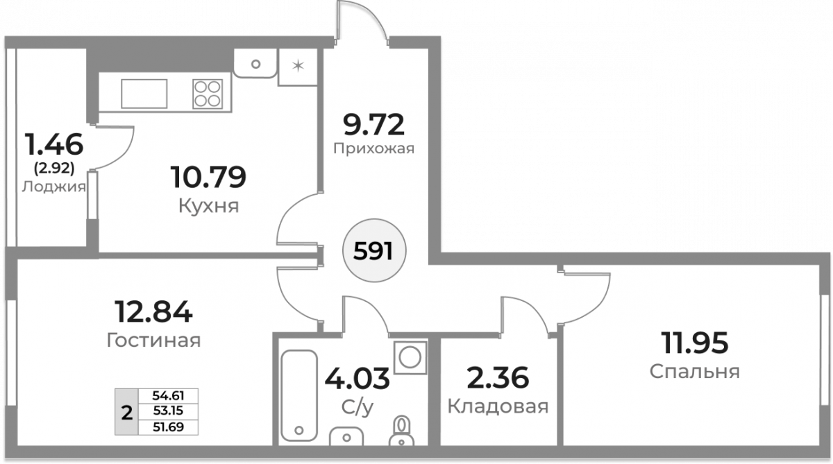 Квартира №591, 2-комнатная, 53.15 м², 1 этаж - планировка, ЖК «Легенды Девау», дом 1