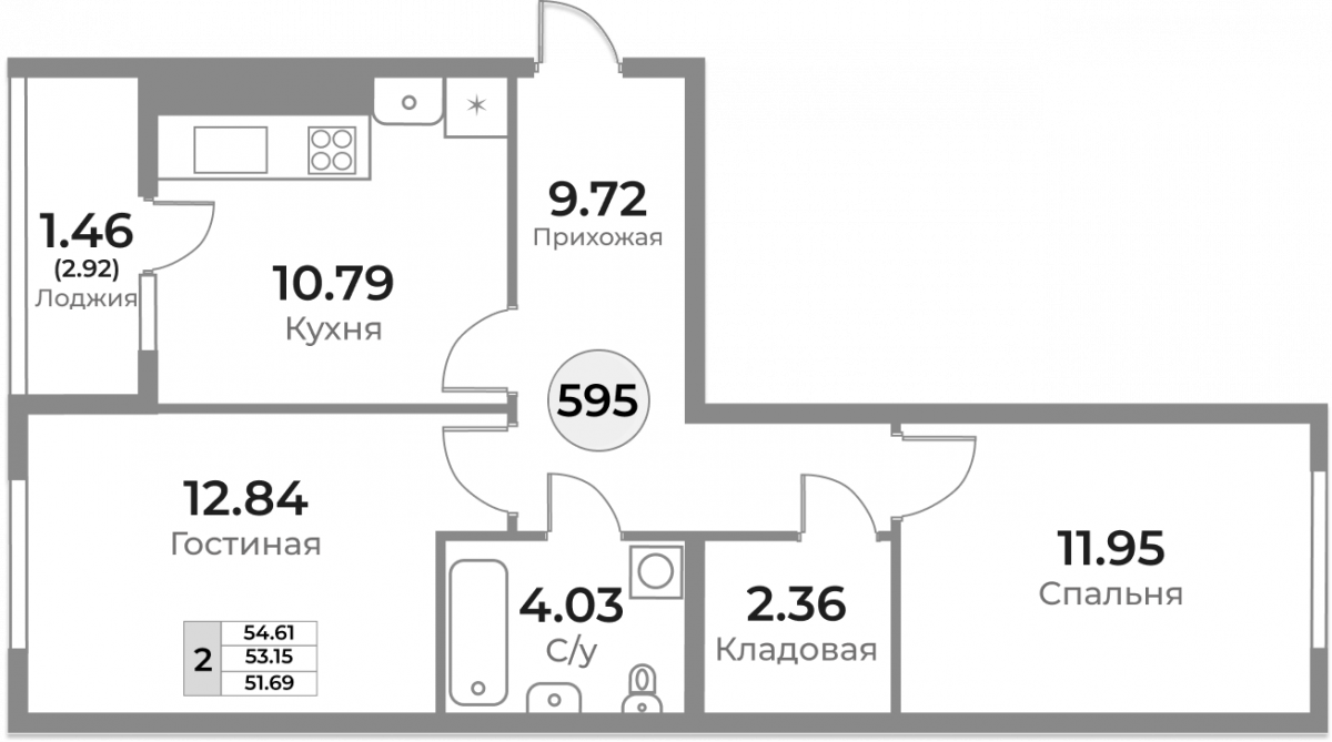 Квартира №595, 2-комнатная, 53.15 м², 2 этаж - планировка, ЖК «Легенды Девау», дом 1