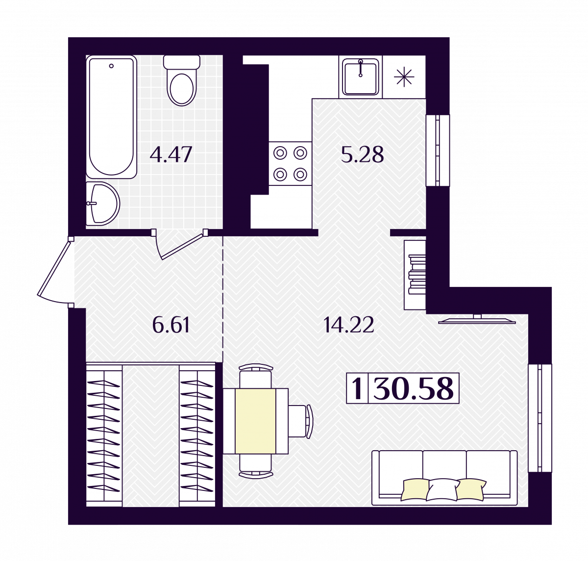 Квартира №8, 1-комнатная, 30.58 м², 1 этаж - планировка, ЖК «Астерия»
