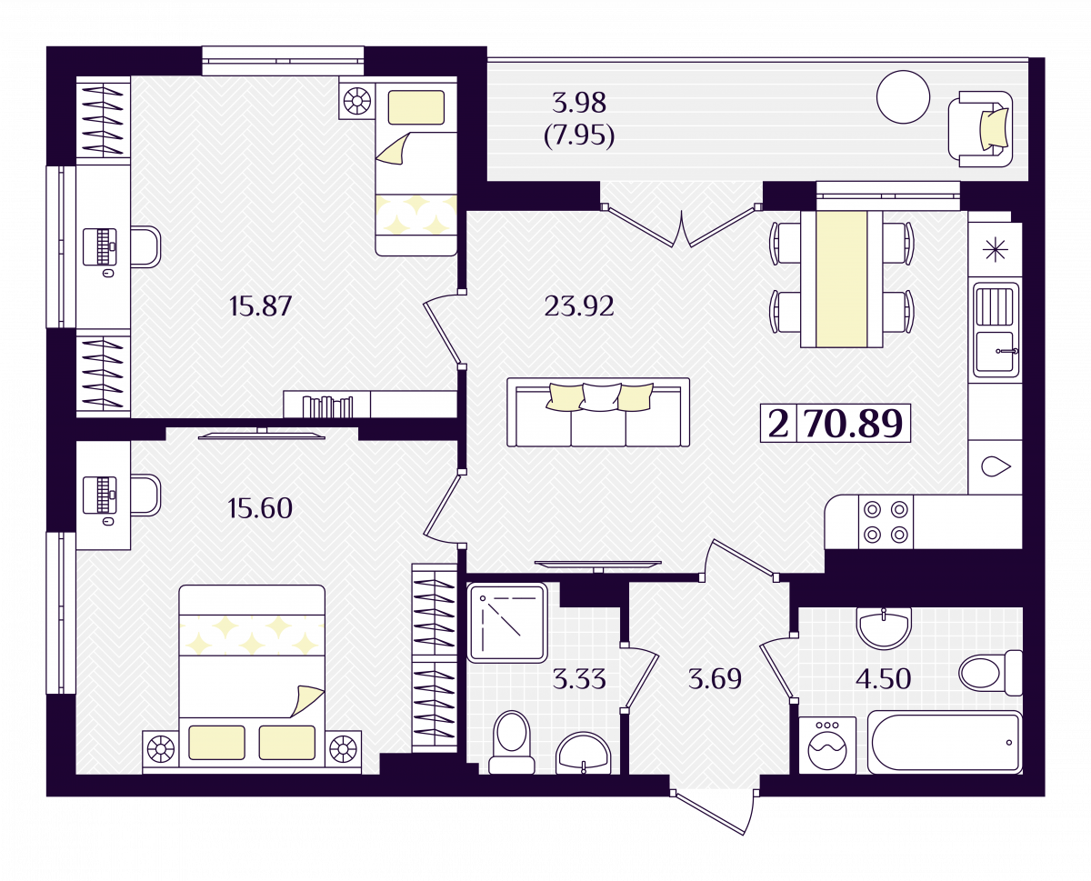 Квартира №14, 2-комнатная, 70.89 м², 2 этаж - планировка, ЖК «Астерия»