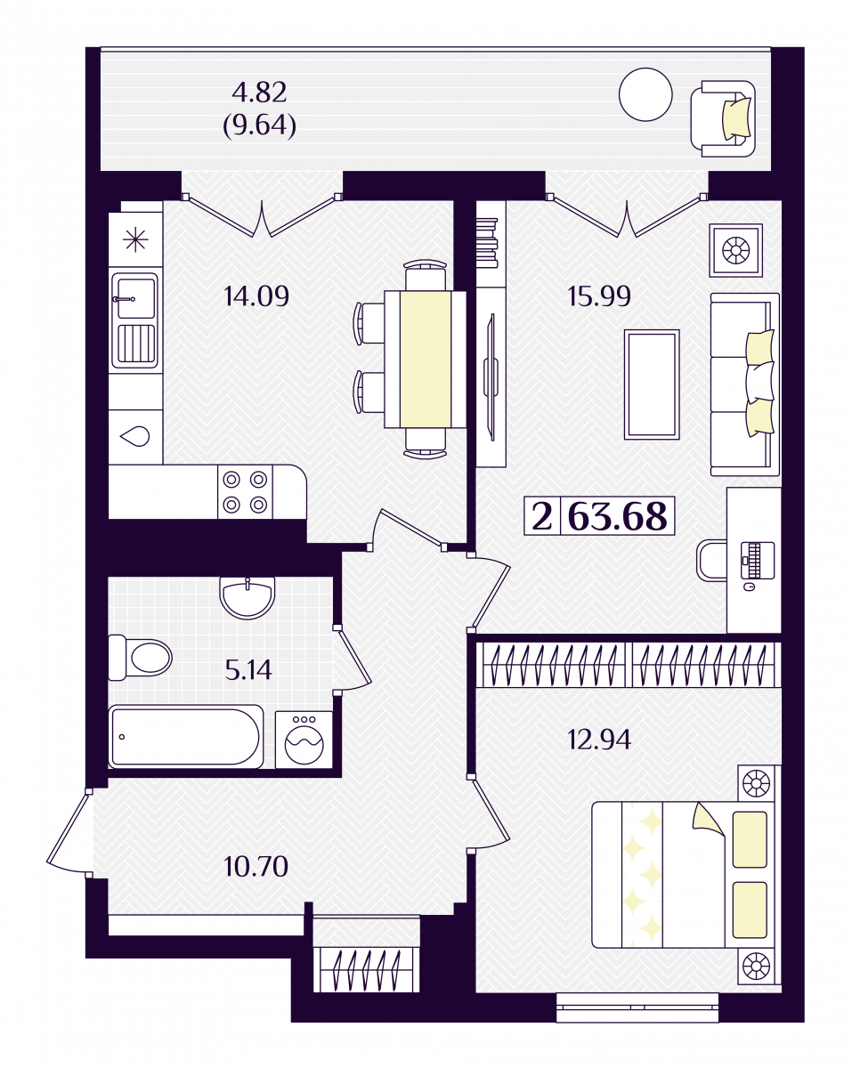 Квартира №15, 2-комнатная, 63.68 м², 2 этаж - планировка, ЖК «Астерия»