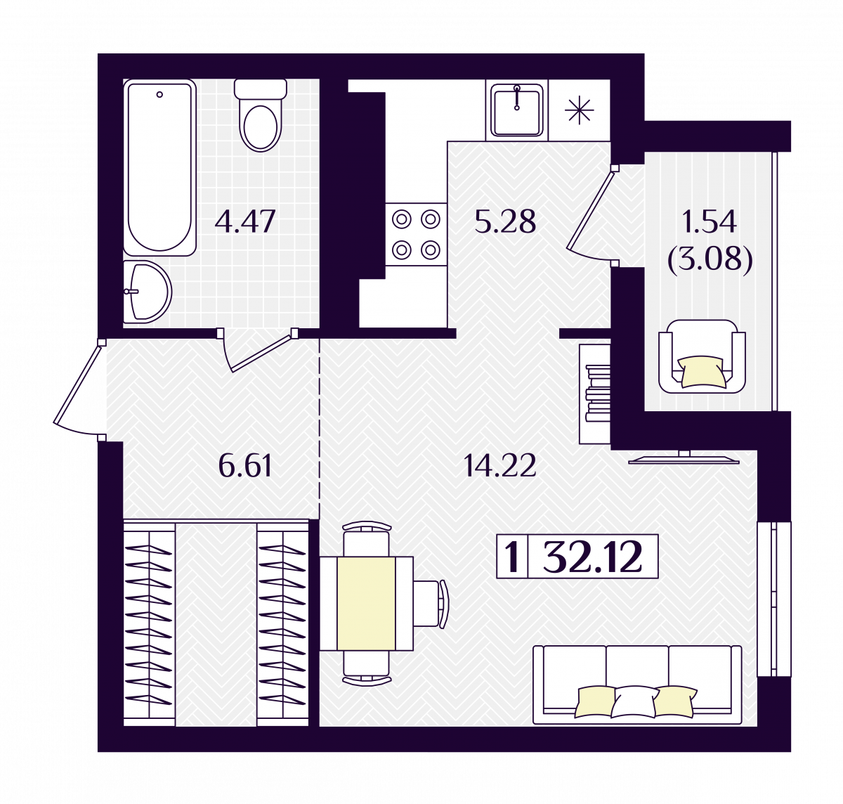 Квартира №16, 1-комнатная, 32.12 м², 2 этаж - планировка, ЖК «Астерия»