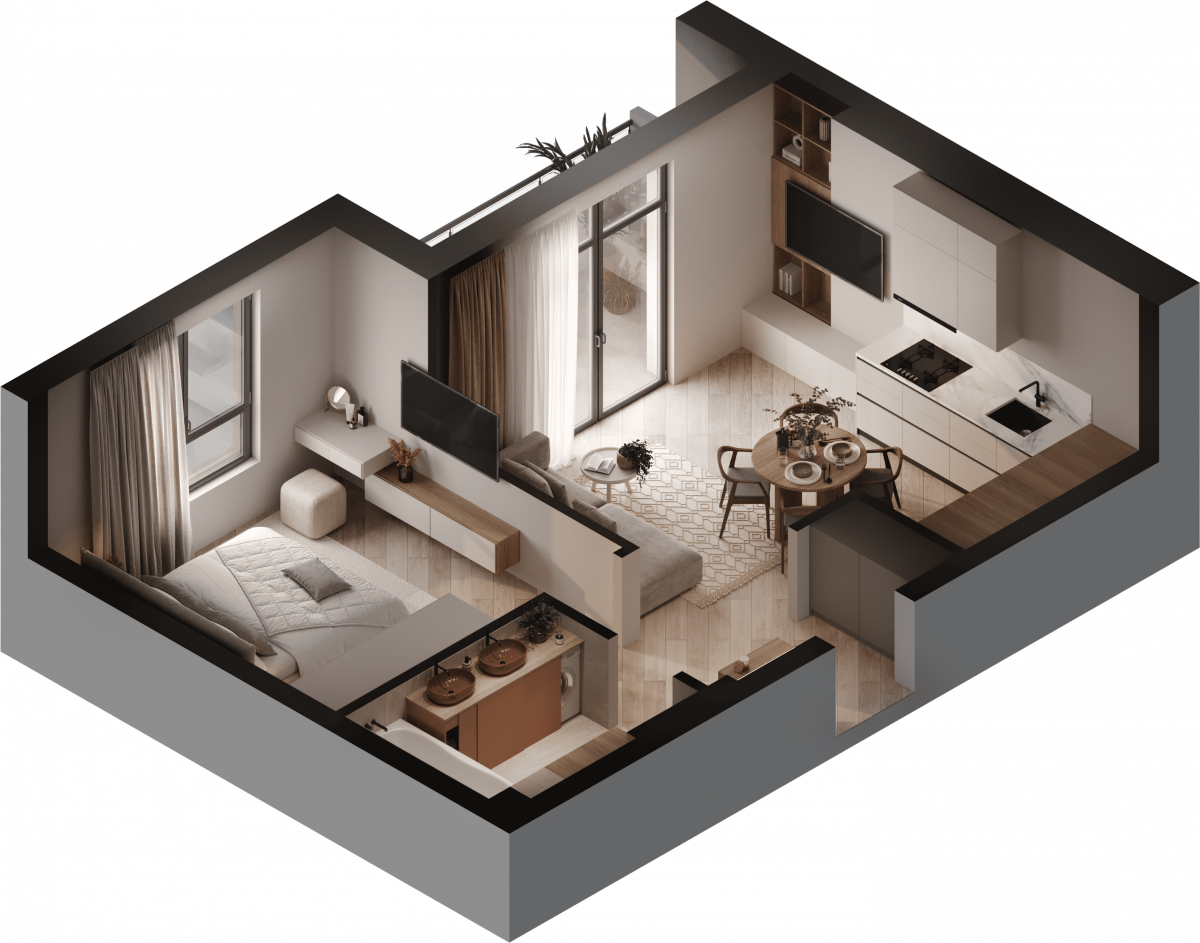 Квартира №19, 1-комнатная, 44.72 м², 3 этаж - планировка, ЖК «Астерия»