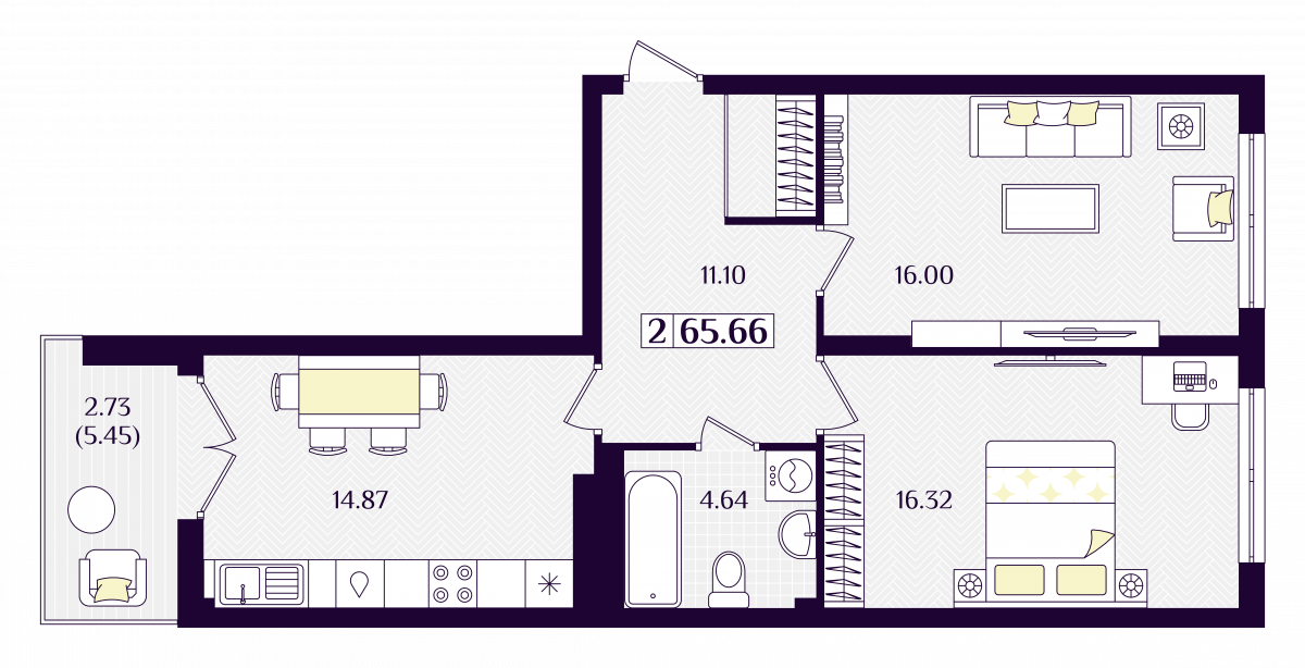 Квартира №26, 2-комнатная, 65.66 м², 4 этаж - планировка, ЖК «Астерия»