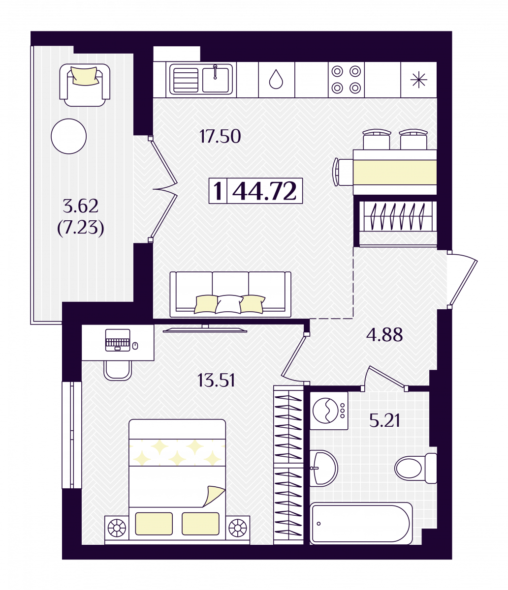 Квартира №27, 1-комнатная, 44.72 м², 4 этаж - планировка, ЖК «Астерия»