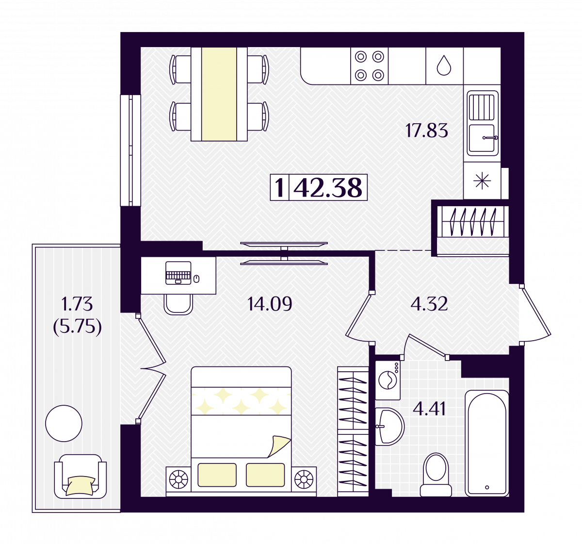 Квартира №29, 1-комнатная, 42.38 м², 4 этаж - планировка, ЖК «Астерия»