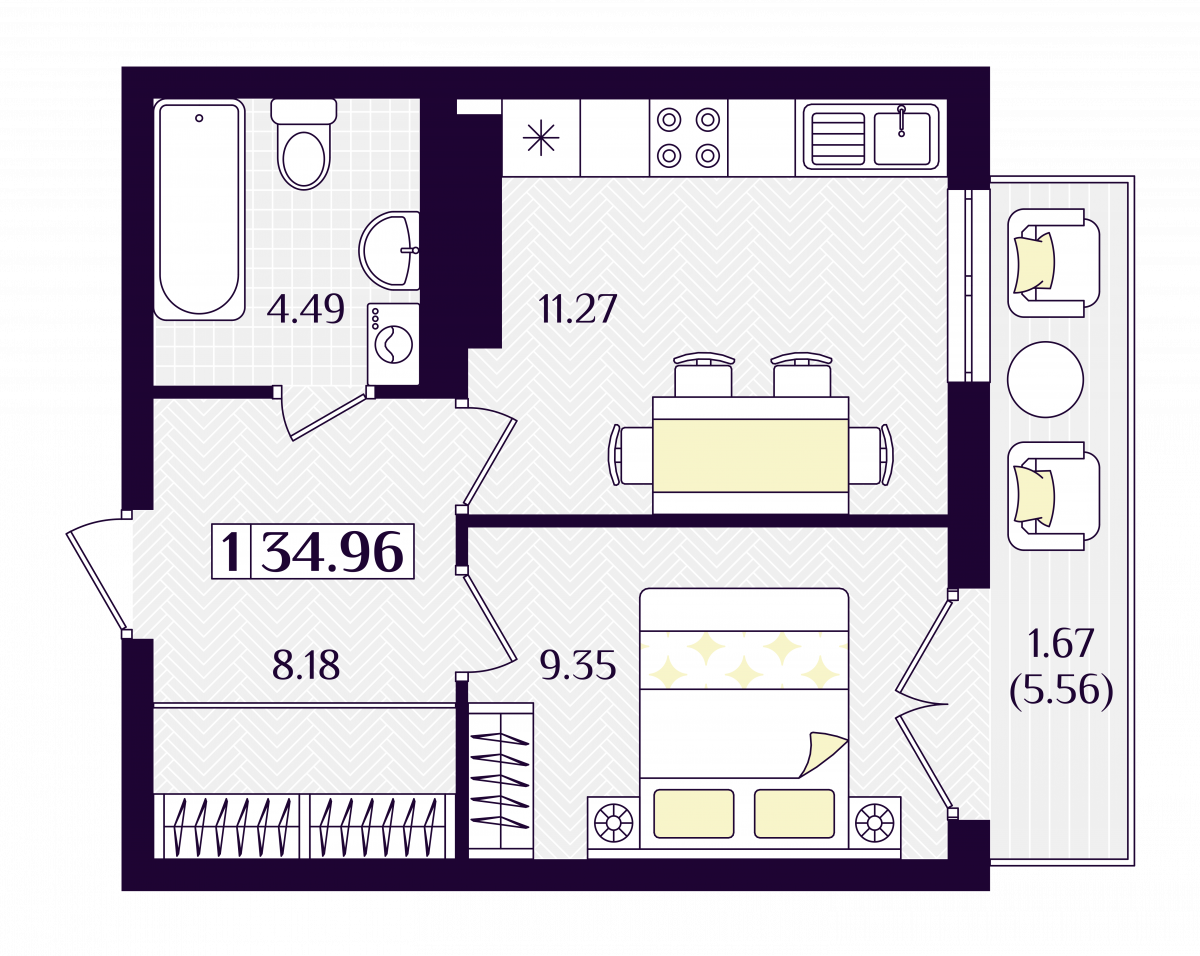 Квартира №33, 1-комнатная, 34.96 м², 5 этаж - планировка, ЖК «Астерия»